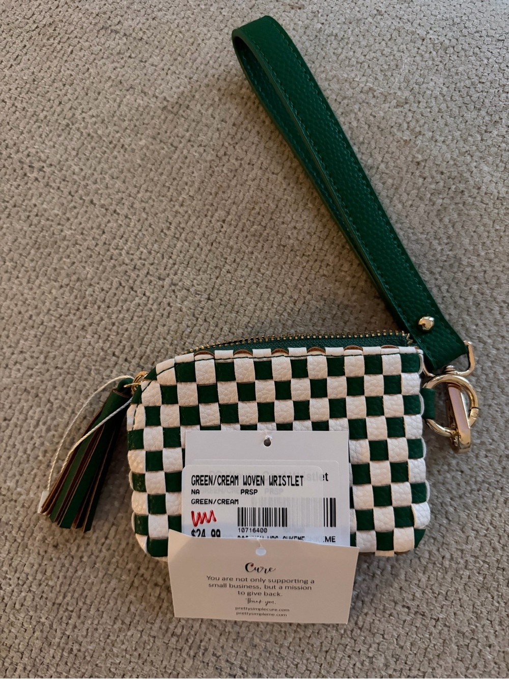 Curve Green and Cream Woven Wristlet with Tassel Strap